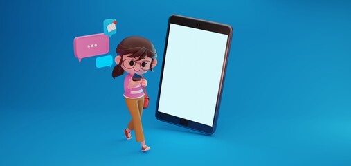 3D render illustration of cute teenager girl character using smartphone while walking with many message icons and giant mobile phone