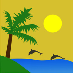 Vector illustration of a gradient beach with coconut trees and fish