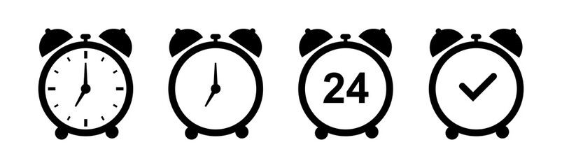 Set of alarm clock icons. Various alarm clock signs, alarm clock. Vector illustration. - obrazy, fototapety, plakaty