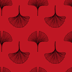 Seamless pattern with leaves. Ginkgo biloba leaves background. Hand drawn vector illustration on red background