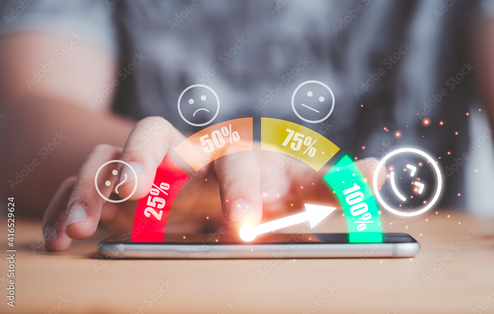 Poster Customer using smartphone with face icons and info graphic percentage to evaluate product after use service , customer satisfaction concept.