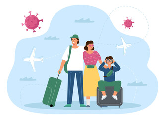 The concept of free travel after covid vaccination. A family vaccinated against coronavirus stands with suitcases at the airport.