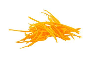Fresh grated Carrots on white background