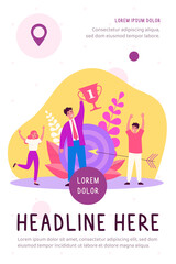 Business team winning prize cup. Best employee celebrating victory, champion holding award. Vector illustration for success, achievement, teamwork, successful career concept