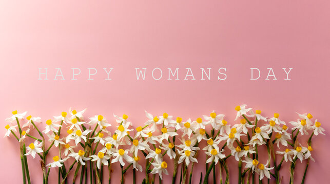 happy woman's day text sign on pink daffodils on pink background. greeting card concept. sensual tender women image. spring flowers flat lay