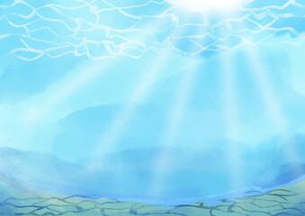 Fototapeta premium 水彩風の海中の背景イラスト