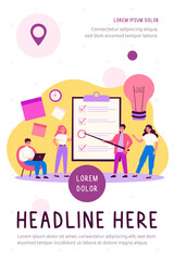 Team members sharing ideas during brainstorm set. Company managers thinking together, discussing project, filling up checklist. Can be used for teamwork, cooperation, coworkers concept