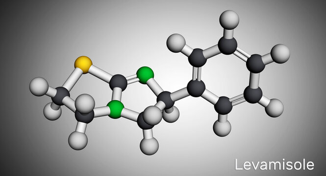 Levamisole molecule. It is antihelminthic drug for the treatment of parasitic, viral, bacterial infections. Molecular model. 3D rendering