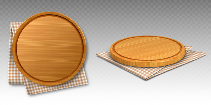 Wooden pizza and cutting boards on kitchen towel. Round trays on folded chequered tablecloth, natural, eco friendly utensils made of wood isolated on transparent background, realistic 3d vector set