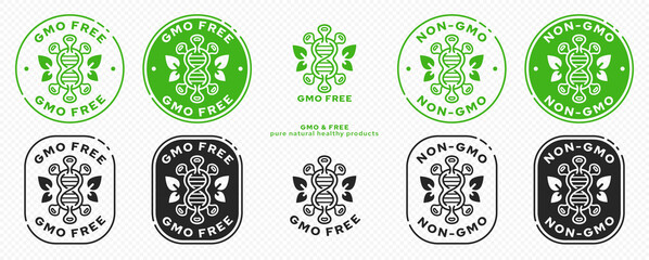Concept for product packaging. Labeling - GMO-free. Molecule or microorganism icon with gene and leaves - wings - symbol of GMO freedom - symbol of natural ingredients. Vector set.