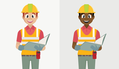 civil engineer or construction worker man wearing protective safety helmet holding document file.