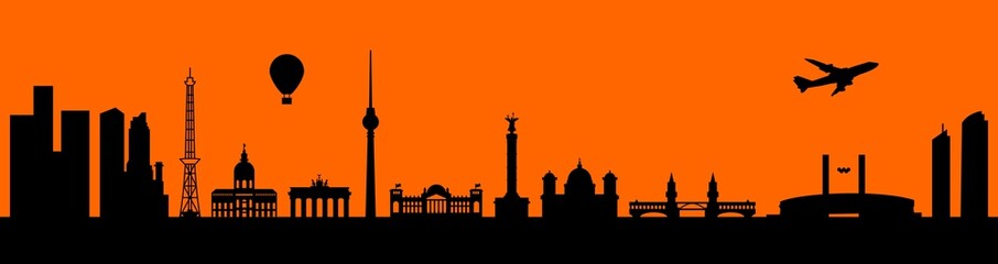 Vector city skyline silhouette - illustration, 
Town in orange background, 
Berlin Germany