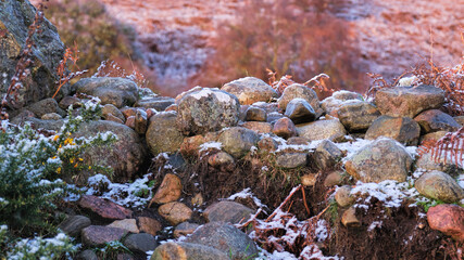 Old broken down stone dyke in winter with snow