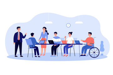 Disabled employee in wheelchair engaged in corporate meeting and conversation. Vector illustration for inclusion, business conference, teamwork concept