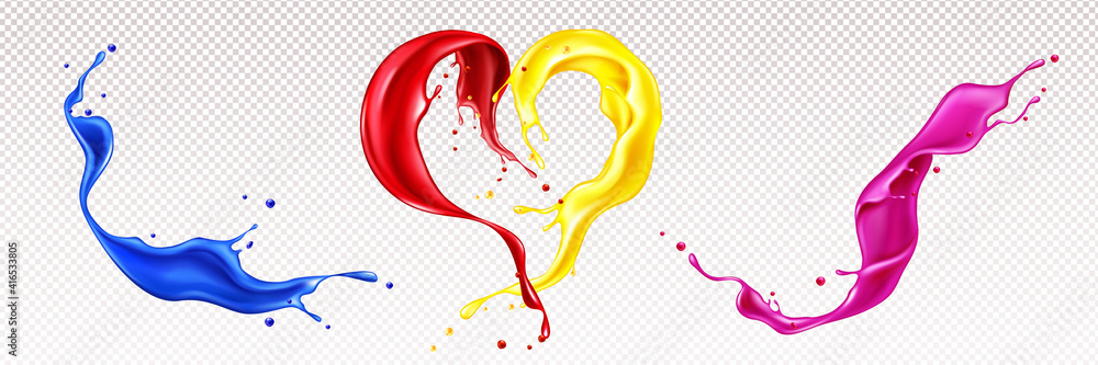 Poster splashes of liquid paints with swirls in heart shape isolated on transparent background. vector real