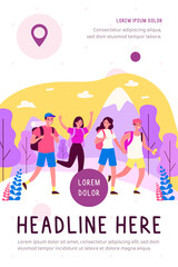Happy tourists practicing mountain trekking. Hiking, backpacks, walking outdoors flat vector illustration. Adventure travel, outdoor tourism concept for banner, website design or landing web page
