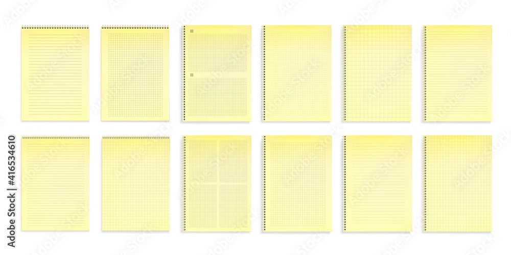 Poster notebooks with yellow paper in lines, dots and square grid top view. vector realistic mockup of note