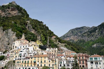 Fototapeta na wymiar Amalfi is a city in an evocative natural setting beneath the steep cliffs on the southwestern coast of Italy. Between the 9th and 11th centuries, it was the seat of a powerful maritime republic.