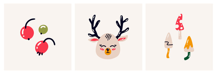 Baby deer, red berries, mushrooms, cartoon style. Ready-made cards. Flat vector illustration isolated on a white background