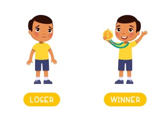 Loser and winner antonyms word card, Opposites concept. Flashcard for English language learning. Lucky winner - dark skin little boy with the medal and the sad little boy lost..