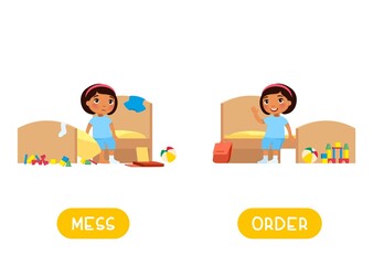 RICH and POOR antonyms word card, Opposites concept. Flashcard for English language learning. Little girl with banknotes in his hands, Dark skin child with an empty wallet