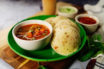 Rava Idli with sambar and chuney - South Indian vegetarian breakkfast