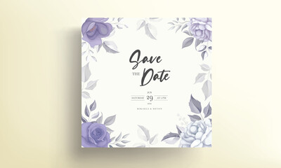 Beautiful wedding invitation card with purple flower decoration