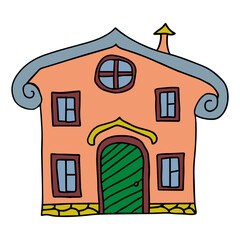 Cute fantasy cartoon doodle house, building isolated on white background. Architecture sign.