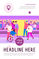 Handicapped guy and his helper travelling by subway train. Help, city transport, wheelchair flat vector illustration. Disabled people support concept for banner, website design or landing web page