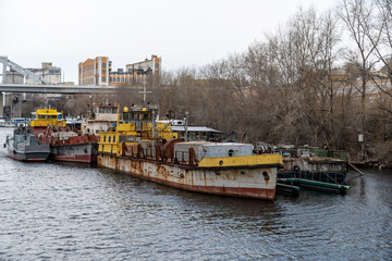 ships in the spring on the river in the docks