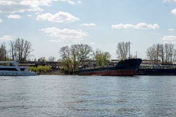 ships in the spring on the river in the docks