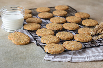 Healthy oatmeal cookies with cereals, seeds and nuts with a cup of milk on concrete background. Diet vegan cookies.