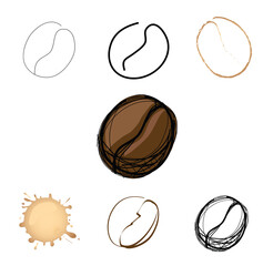 Set of hand drawn coffee beans and stain, vector illustration logo isolated on white