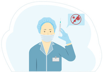 Doctor, nurse, scientist holding 
syringe,  vaccination shot, medicine and drug concept, vector flat illustration