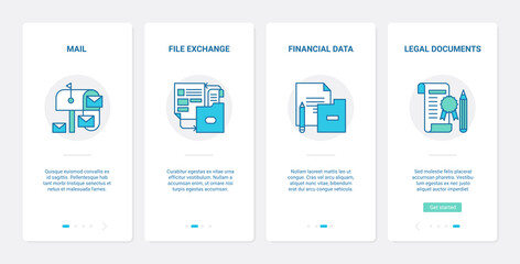 Fototapeta na wymiar Business office file exchange vector illustration. UX, UI onboarding mobile app page screen set with line financial data report storage, legal finance document transfer and management, law contract
