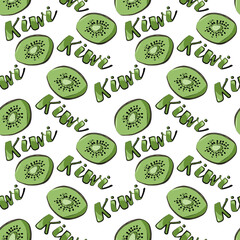 Color seamless pattern of kiwi and lettering.