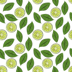 Color seamless pattern of lemons and leaves on a white background.