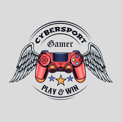 Colored badge with winged gamepad vector illustration. Round colorful banner with wings, joystick and text. Cybersport and gaming zone concept can be used for retro template © Bro Vector