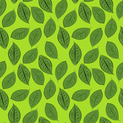 Color seamless pattern of leaves on a light green background.