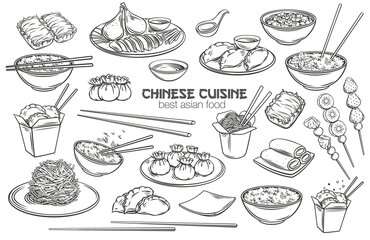 Chinese cuisine outline icon set. Asian food engraved monochrome vector illustration. Mapo tofu, rice, Dragons beard candy and tanghulu. Wok, peking duck, dumplings, wonton, fried noodles and rolls.