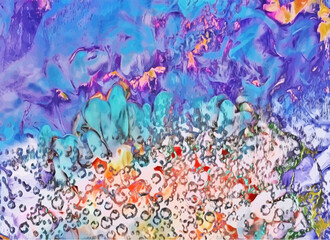 Naklejka na ściany i meble Abstract hand-drawn alcohol ink liquid watercolor image.Blue flowers in the meadow, the transparent texture