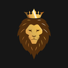 Lion with crown gold logo. Vector illustration.