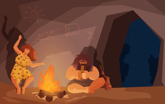 Stone age primitive family people sit by fire vector illustration. Cartoon primeval caveman character playing ancient musical instrument, neanderthal woman dancing near bonfire in cave background