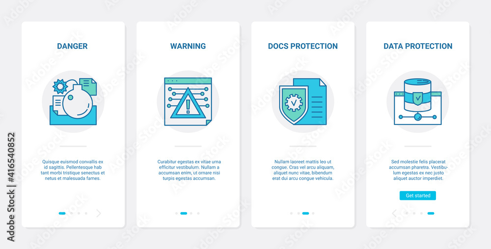 Poster Data security cyber protect technology vector illustration. UX, UI onboarding mobile app page screen set with line danger warning alert window, database document protection, cybersecurity symbols