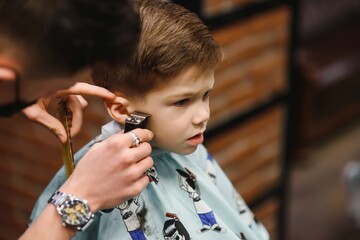 Side view of cute little boy getting haircut by hairdresser at the barbershop