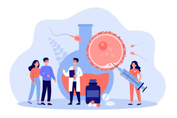 Happy couple consulting fertility doctor, taking medical treatment. Fertilization in clinic vector illustration. Pregnancy, infertility concept