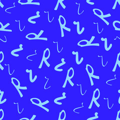 Blue seamless pattern with the letter R on a purple backdrop. Minimalist style. Hand drawn Background for fabric, wallpaper, bed linen. Vector illustration.