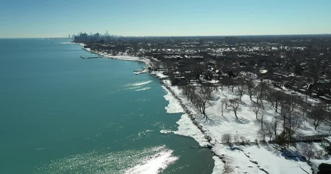 The Evanston shoreline along Lake Michigan shows the remnants of an extended cold snap during a frigid Chicago winter.
