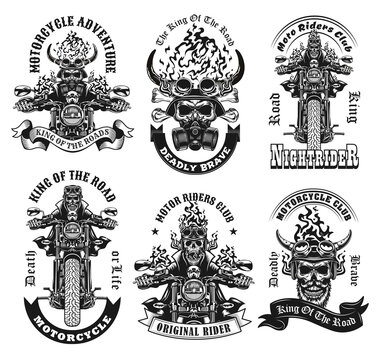 Monochrome labels with skeleton riders vector illustration set. Retro emblems with motorcyclists on motorbikes. Motorcycle adventure and extreme sport concept can be used for retro template