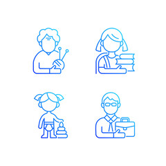 Aging process gradient linear vector icons set. Elderly woman. Schoolgirl. Female toddler. Middle-aged man. Thin line contour symbols bundle. Isolated vector outline illustrations collection